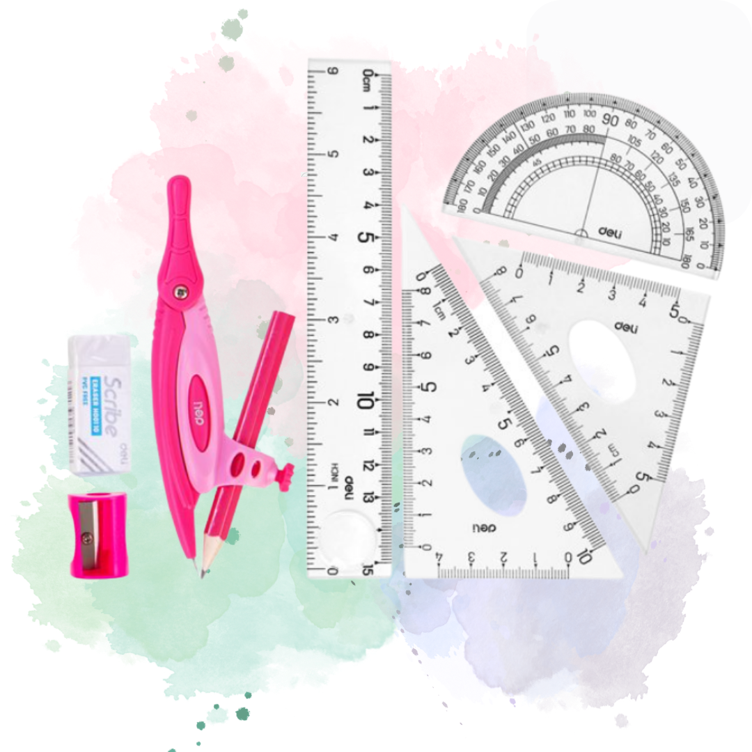 DELI Geometry Set, 8 Pieces, Protractor, Divider, Ruler, Compass, Eraser, Sharpener