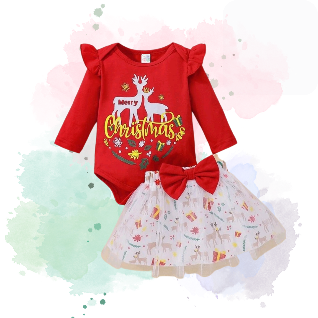 Christmas Reindeer Theme 2 piece Outfit with Tulle Skirt