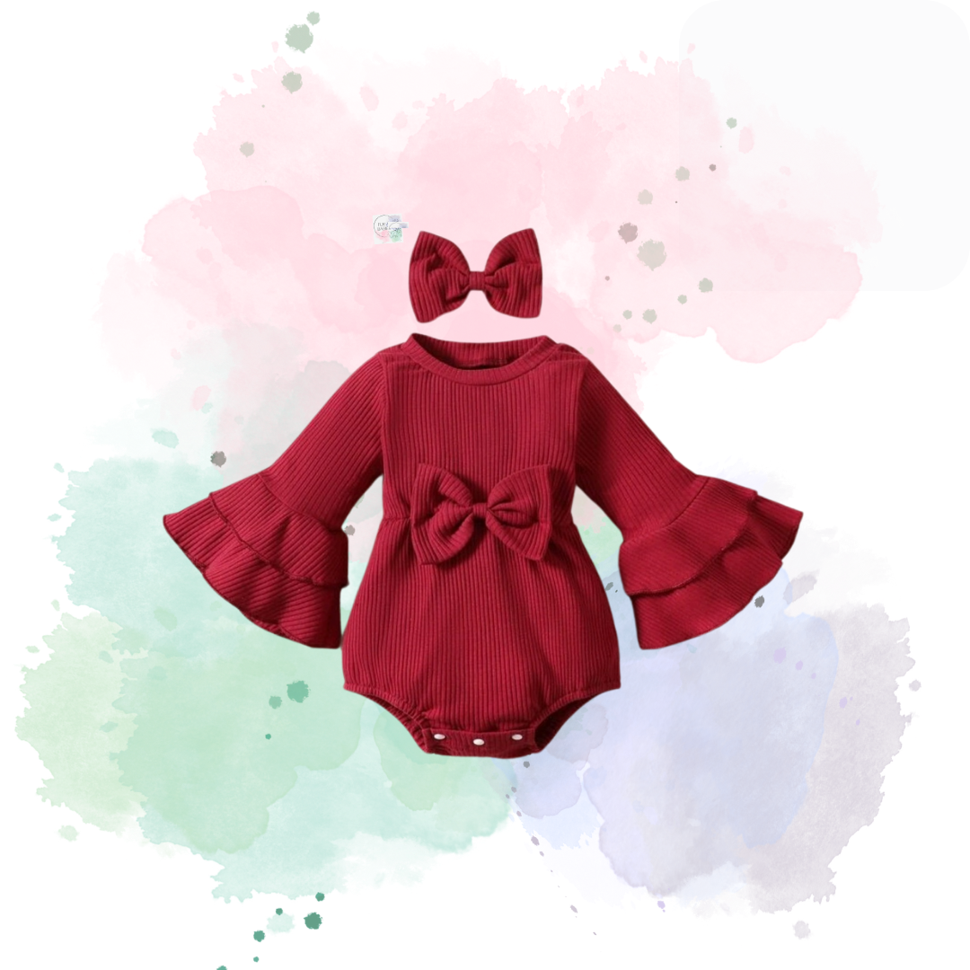 Maroon Long Sleeve Baby bodysuit Dress with Headband