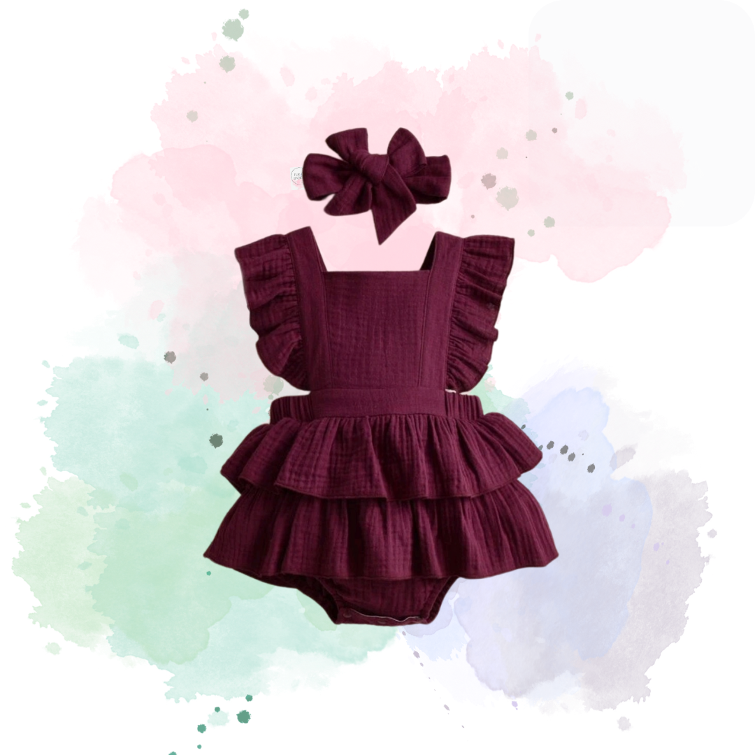 Burgundy Frilly Baby Bodysuit Dress and Matching Headband