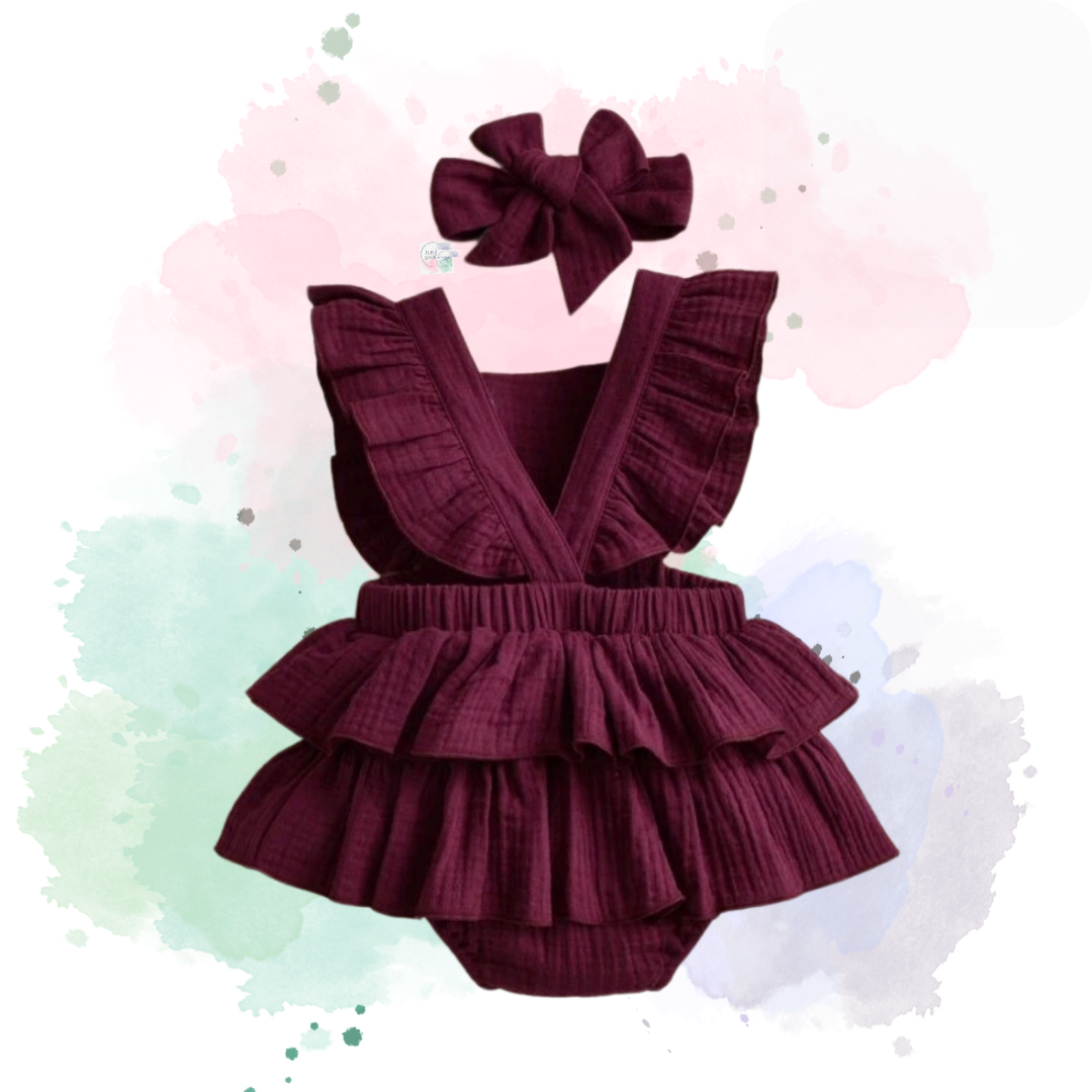 Burgundy Frilly Baby Bodysuit Dress and Matching Headband